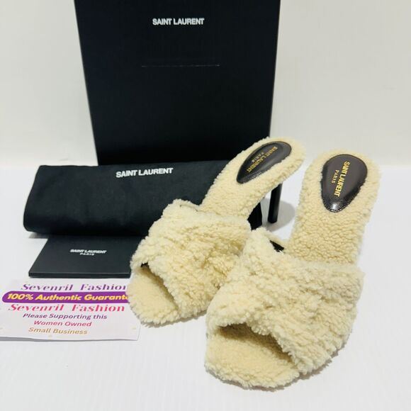Saint Laurent Tribute 85 39.5/US 9.5 Shearling Sandals Natural Stiletto Heel NIB - Picture 4 of 12